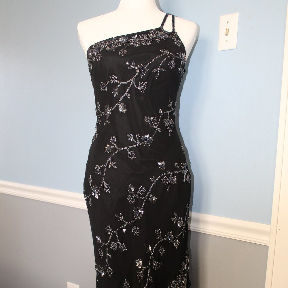 Cache asymmetrical beaded black silk dress